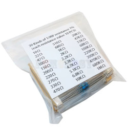 30 Kinds 1/4W Resistance 1% Metal Film Resistor Pack Assorted Kit 1K 10K 100K 220ohm 1M Resistors 300pcs 